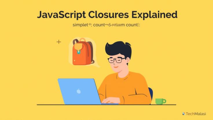 A clean flat 3D illustration showing a JavaScript developer at a desk with a laptop, code editor open displaying a simple counter function with “let count = 0; count++; return count;”. A backpack icon  (1)-XlxqGutWZA.jpg